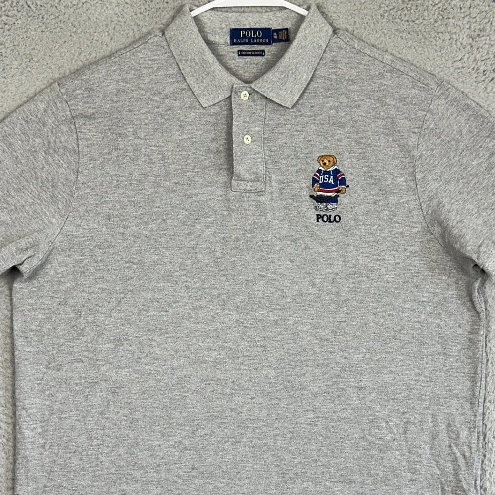 Polo Ralph Lauren Polo Shirt Mens XL Grey Polo Bear USA Hockey Custom Slim Fit